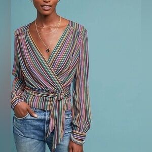 Anthropologie Maeve NWT Multicolor Striped Tie Front V-Neck Blouse
